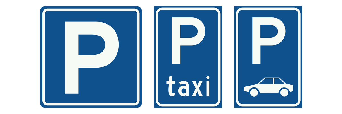 Drie verkeersborden naast elkaar: Parkeergelegenheid, Taxistandplaats en Parkeergelegenheid voor een voertuigcategorie
