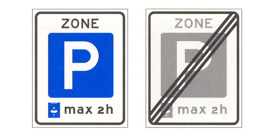 Twee verkeersborden naast elkaar: Parkeerschijf-zone en Einde parkeerschijf-zone