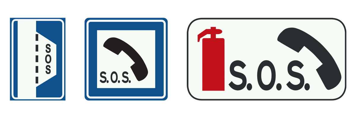 Van links naar rechts: Vluchthaven voorzien van een noodtelefoon en brandblusapparaat, Noodtelefoon, Noodtelefoon en brandblusapparaat
