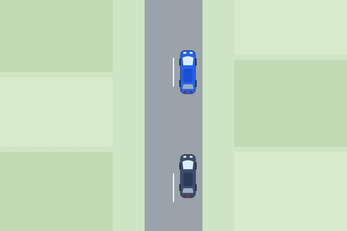 Je auto (blauw) staat stil. Het naderende verkeer komt achter je vandaan; de driehoek is nog niet geplaatst.