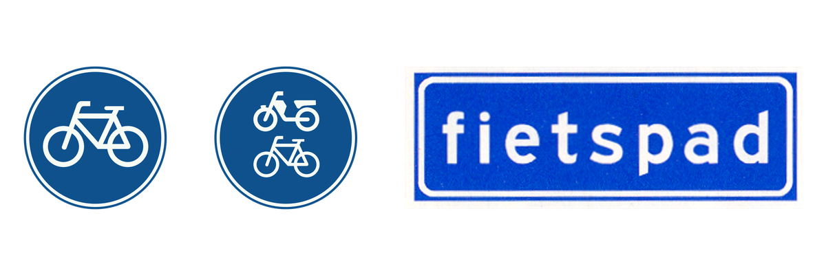 Drie verkeersborden naast elkaar: Verplicht fietspad, Fiets/bromfietspad en Onverplicht fietspad