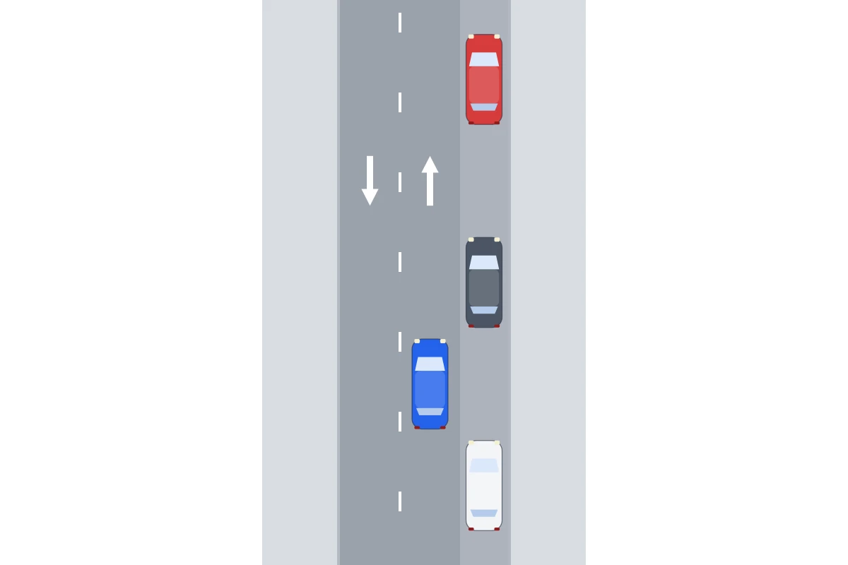 Schema van bovenaf: een weg met rechts drie verspreid geparkeerde auto’s en een auto die in een rechte lijn op zijn eigen weghelft langs hen rijdt
