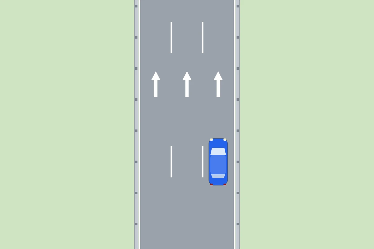 Schema van bovenaf: een weg met drie rijstroken in dezelfde richting en een auto in het midden van de rechterrijstrook