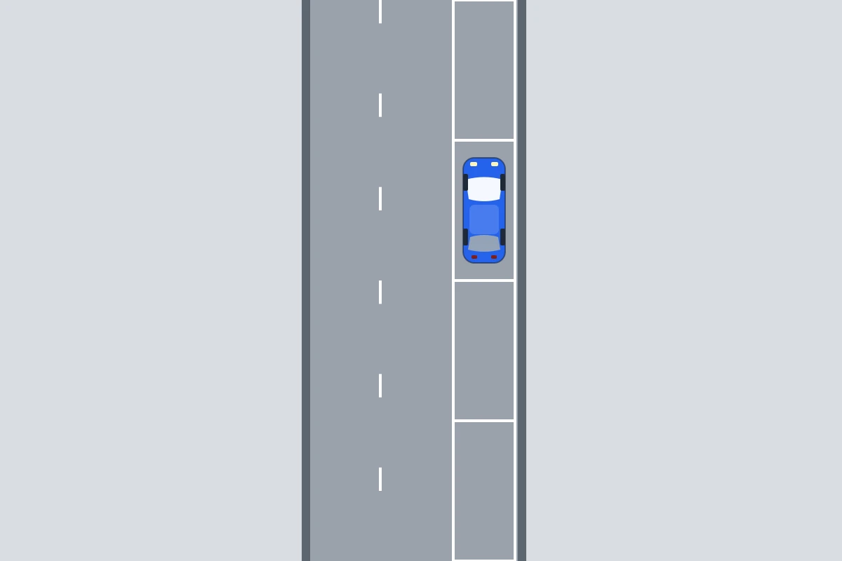 Schema van bovenaf: de auto staat nog stil in een langsparkeervak aan de rechterkant, op een weg met twee rijrichtingen.