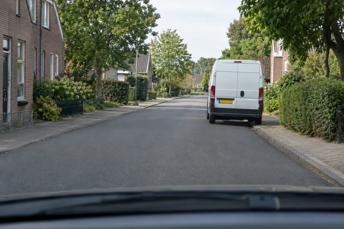 Zicht vanuit de auto: een stilstaande bestelauto staat half op jouw weghelft, op een weg zonder strepen.