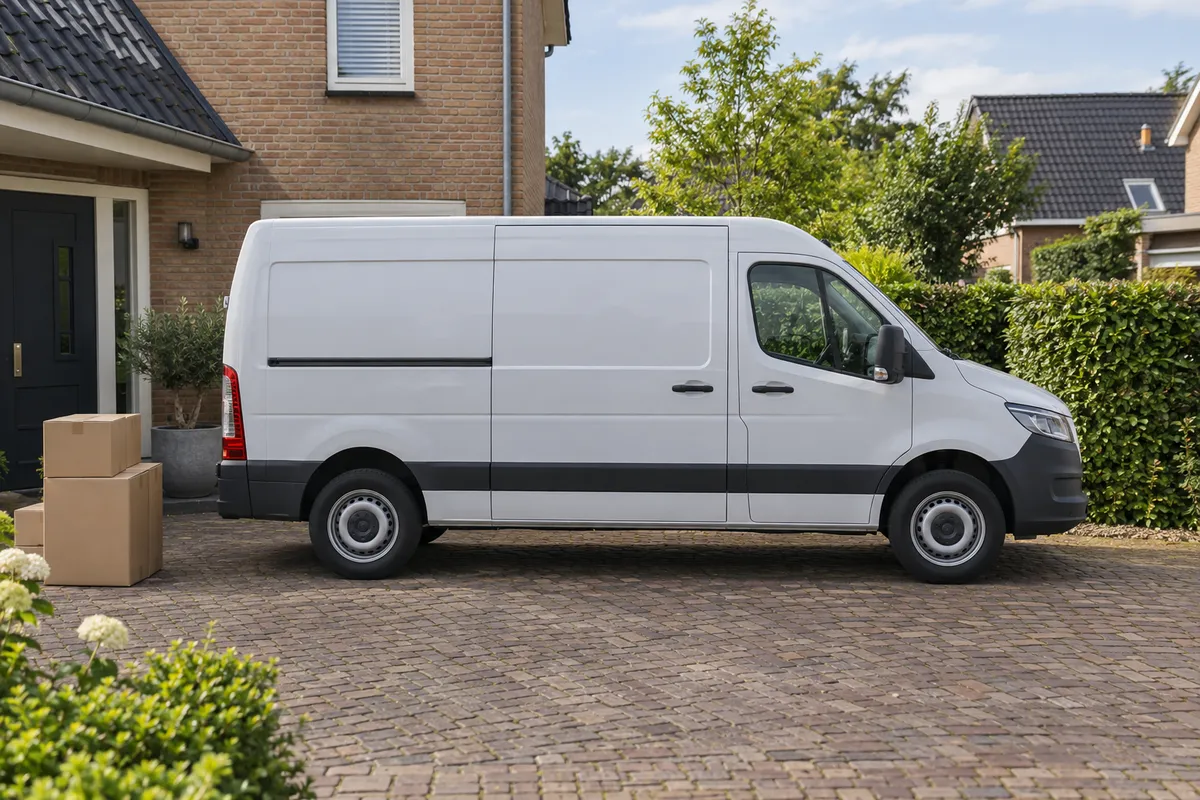 Een bestelauto staat geparkeerd bij verhuisdozen.