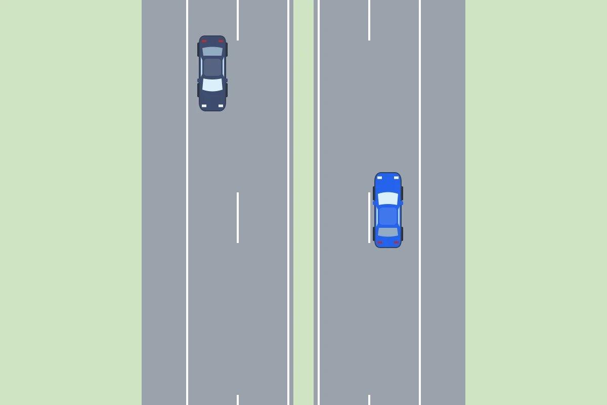 Je auto rijdt dicht bij de lijn, nog helemaal binnen de eigen rijstrook.