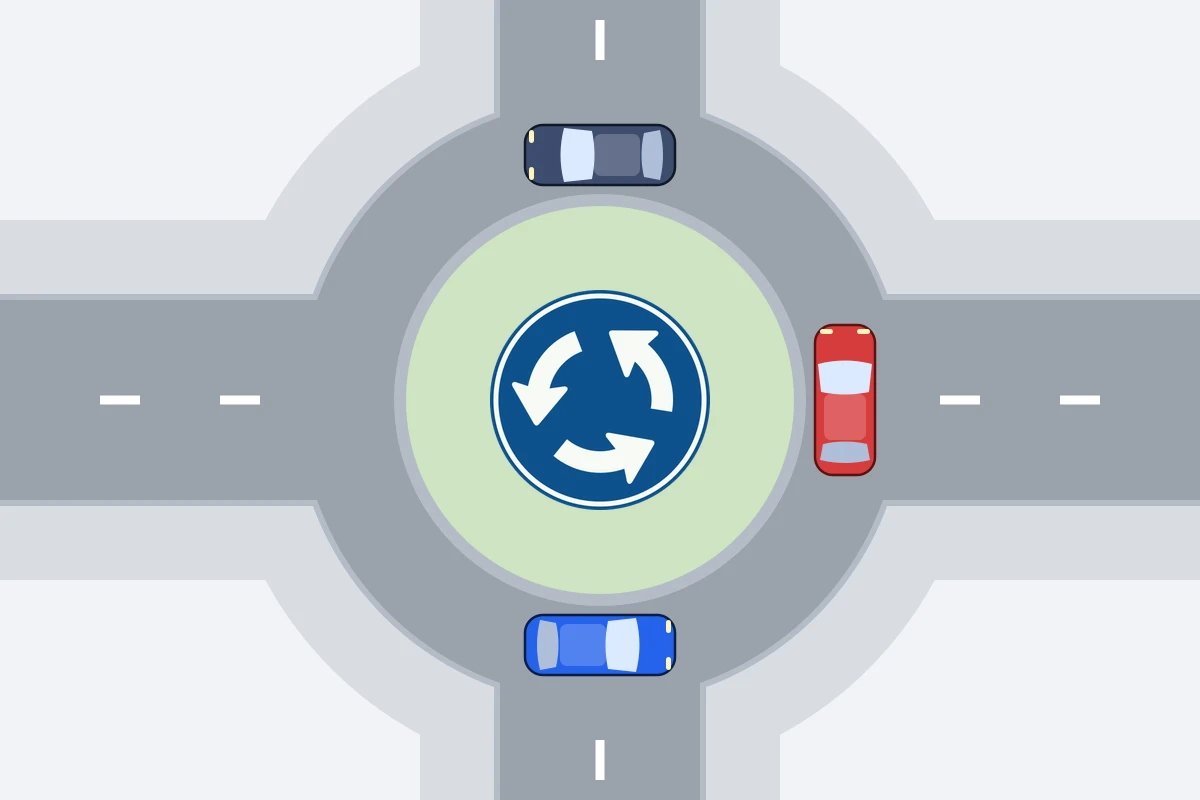 Schema van bovenaf: een rotonde met het bord Rotonde; verplichte rijrichting op het middeneiland en drie auto’s die tegen de wijzers van de klok in rondrijden