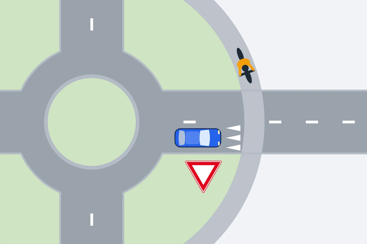 Schema van bovenaf: een auto die de rotonde verlaat en vlak voor een fietspad staat bij haaientanden op de weg, met een fietser die op het fietspad nadert