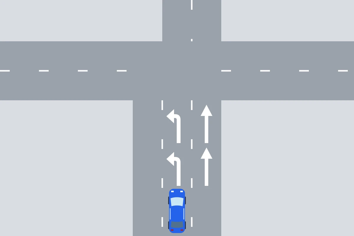 Je blauwe auto nadert een kruispunt op de strook met een linkerpijl; de rechterstrook heeft een pijl rechtdoor.