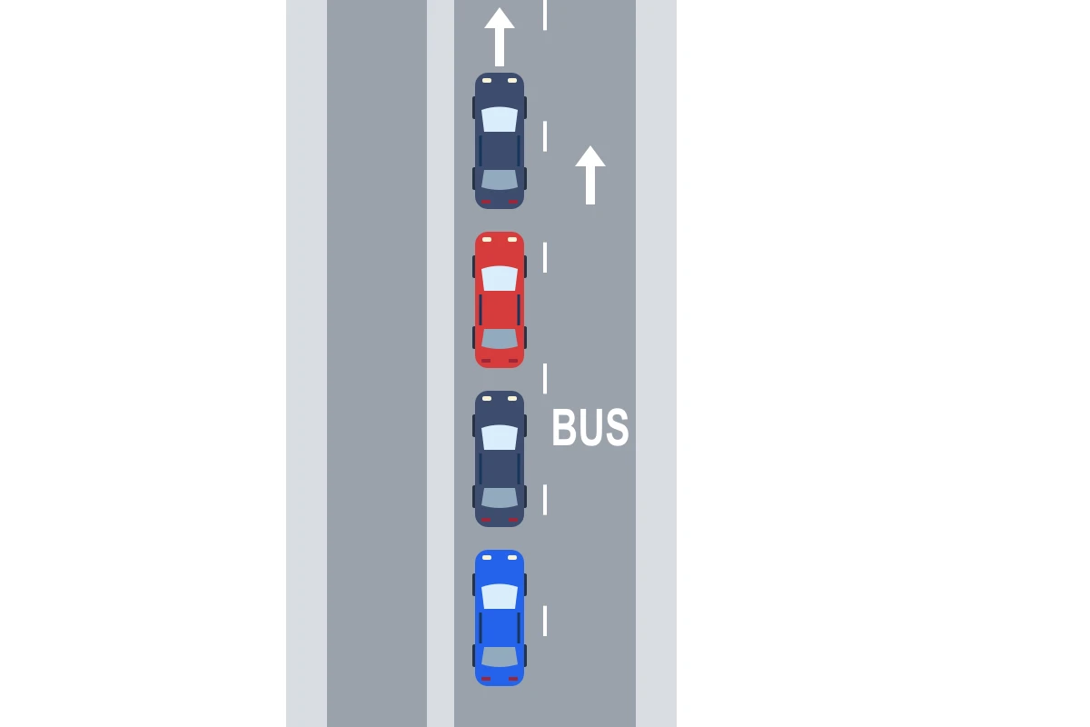 Je blauwe auto rijdt achter een rij auto's; rechts ligt een lege strook met BUS op het wegdek.