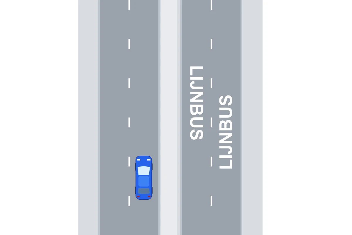 Je blauwe auto rijdt op de gewone rijbaan; rechts ligt een fysiek gescheiden lege rijbaan met LIJNBUS op het wegdek.