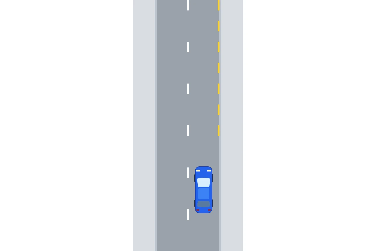 Je blauwe auto nadert een gele onderbroken streep langs de rechterrand van de rijbaan.