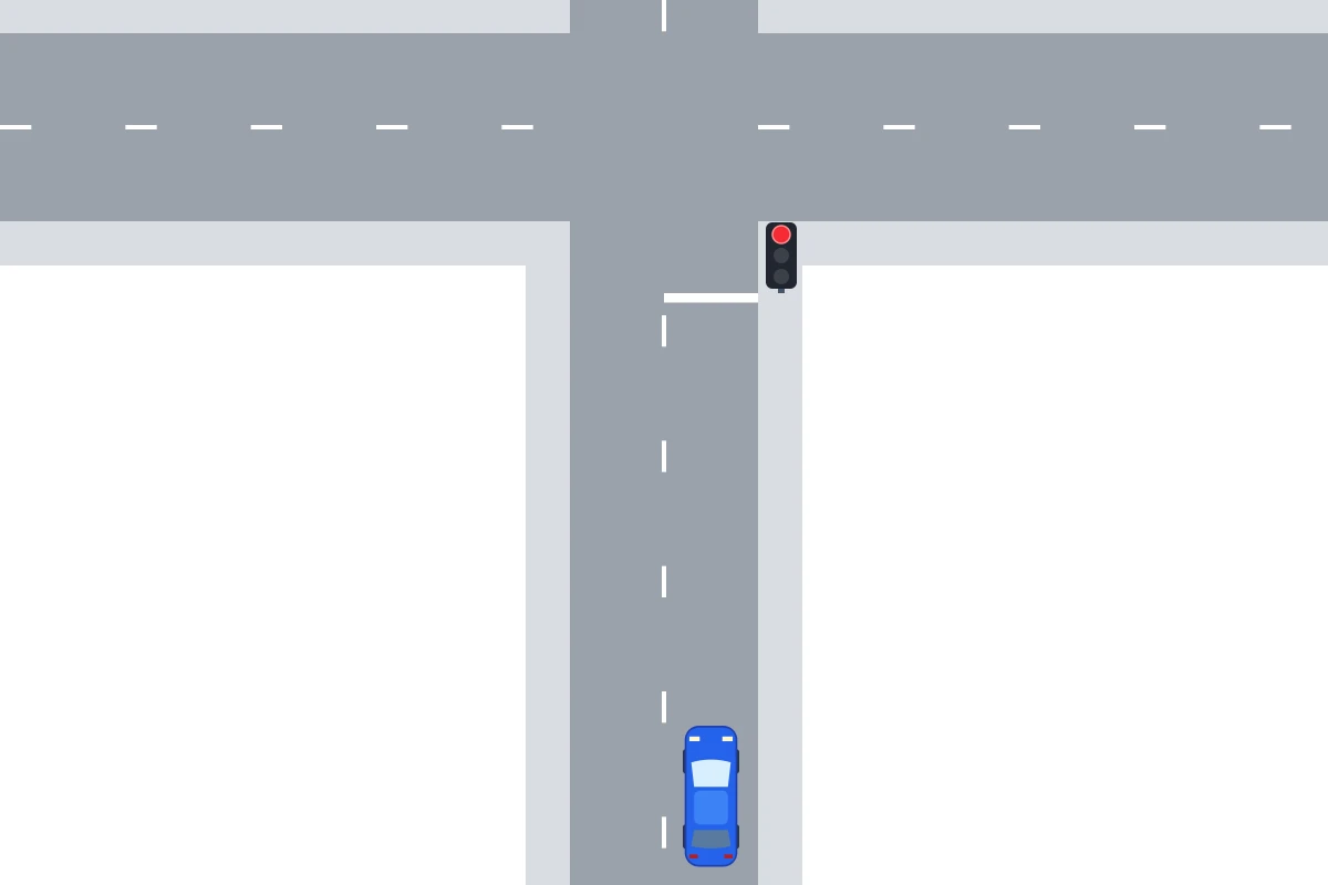 Je blauwe auto nadert een witte stopstreep bij een rood verkeerslicht.