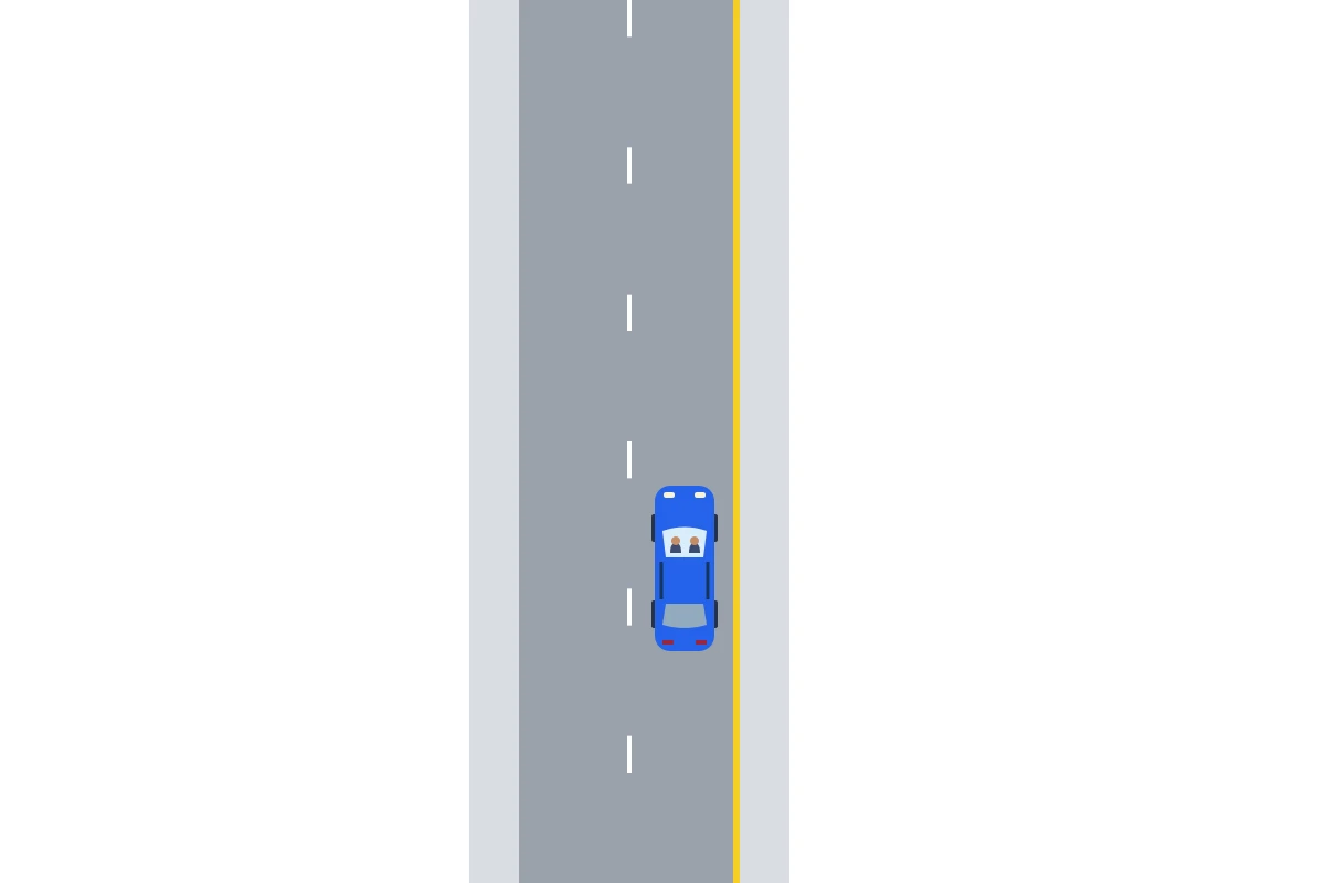Je blauwe auto rijdt langs een gele doorgetrokken streep aan de rechterrand van de rijbaan.
