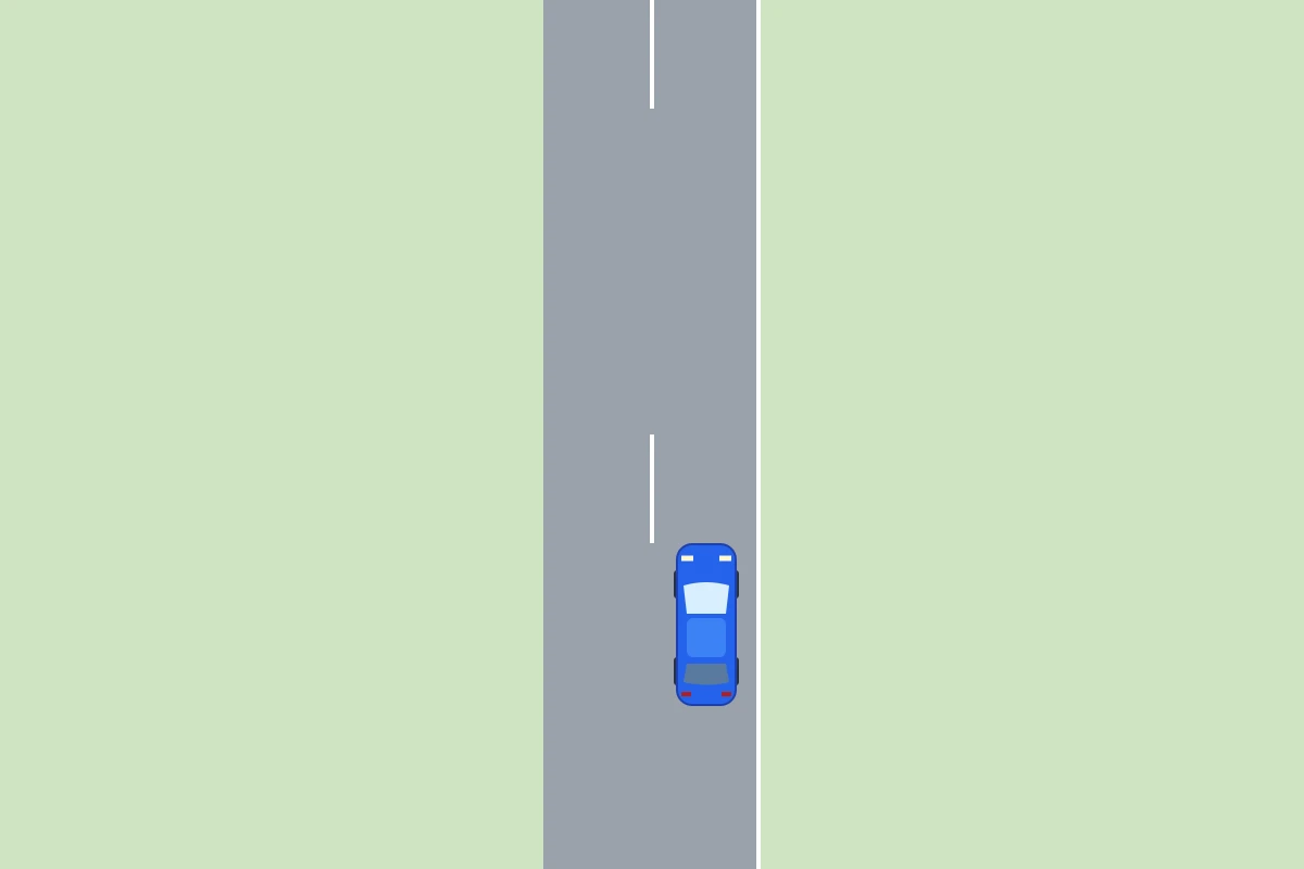 Je blauwe auto rijdt op de rechterrijstrook naast een witte kantstreep met een onverharde berm ernaast.