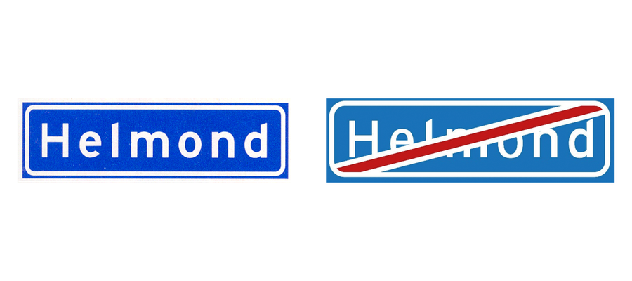 Twee verkeersborden naast elkaar: Bebouwde kom en Einde bebouwde kom