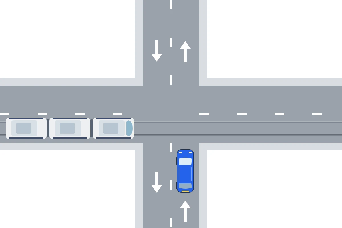 Schema van bovenaf: een kruispunt met tramrails, een blauwe auto die het kruispunt nadert en een tram die van links komt