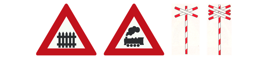 Vier verkeersborden naast elkaar: Overweg met slagbomen, Overweg zonder slagbomen, Overweg met enkel spoor en Overweg met twee of meer sporen