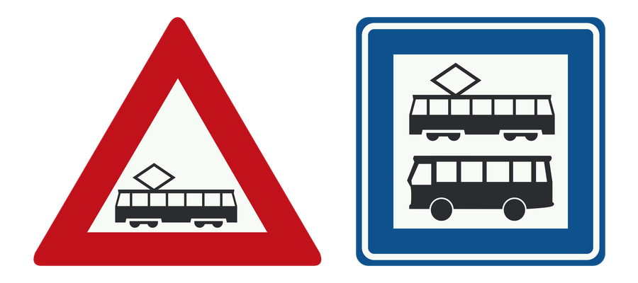 Twee verkeersborden naast elkaar: Tram(kruising) en Bushalte / tramhalte