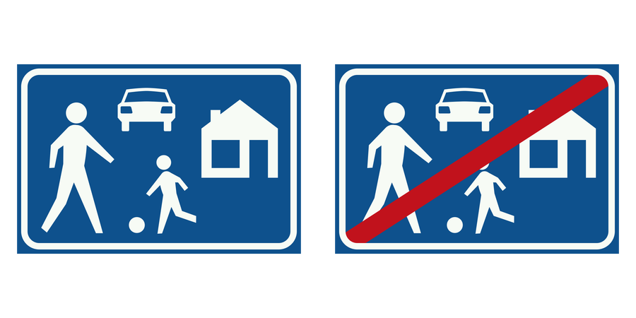 Twee verkeersborden naast elkaar: Erf en Einde erf
