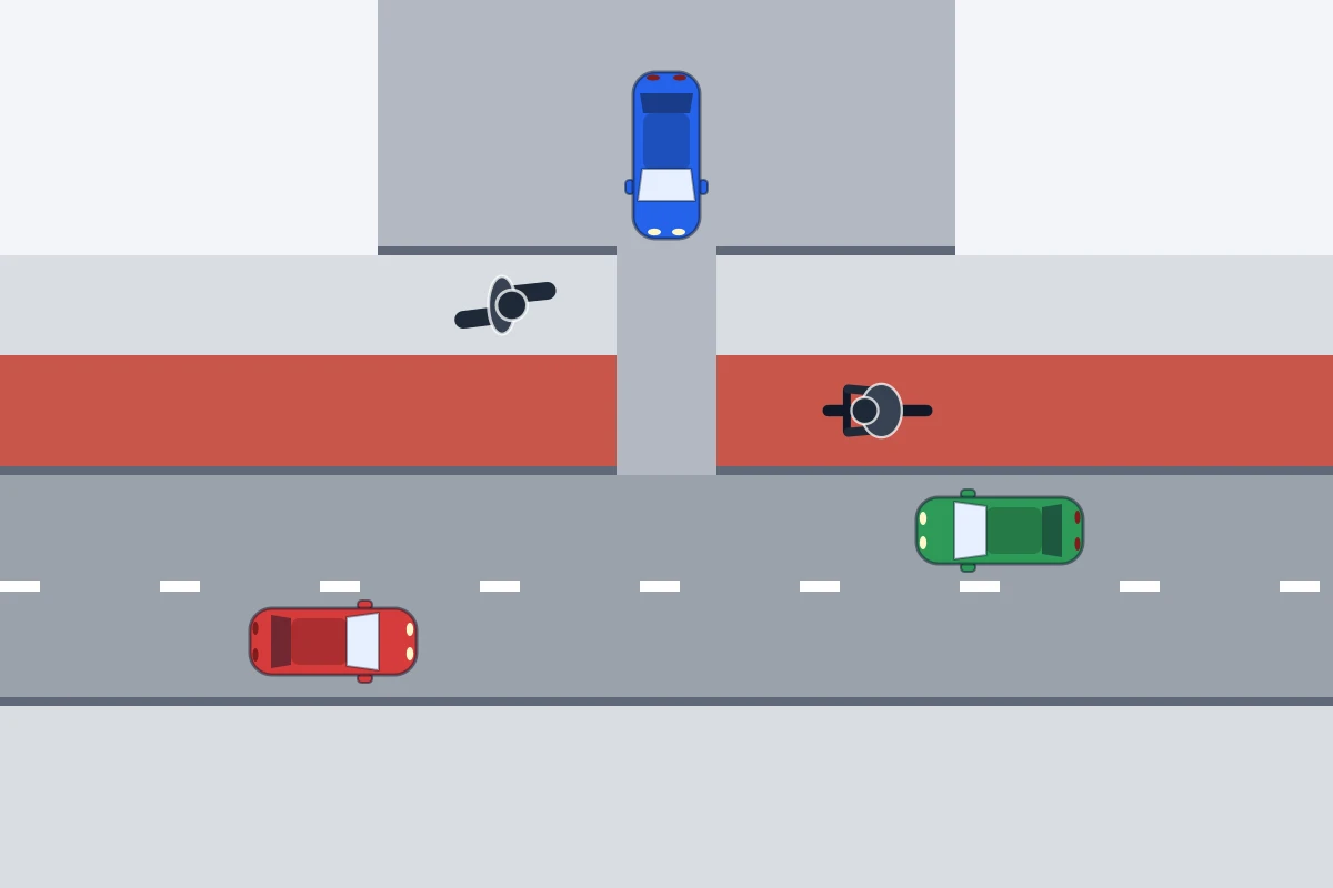 Schema van bovenaf: een auto in een uitrit, met een voetganger op de stoep, een fietser op het fietspad en auto’s op de weg van links en van rechts