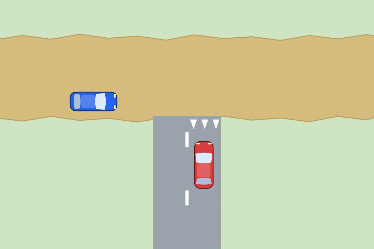 Schema van bovenaf: een zandweg met een asfaltweg die erop uitkomt, met haaientanden op de asfaltweg en een auto die de haaientanden nadert