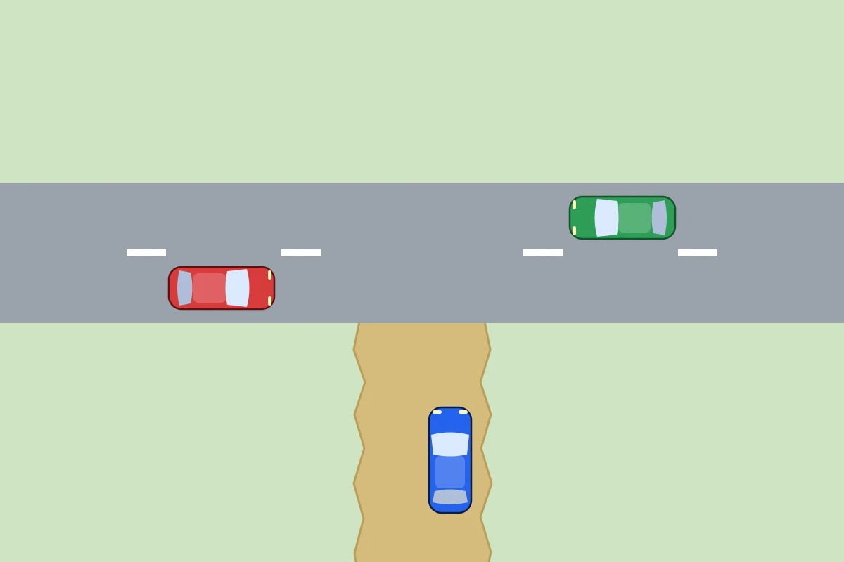 Schema van bovenaf: een zandweg die uitkomt op een asfaltweg, met een auto op de zandweg en auto’s op de asfaltweg van links en van rechts