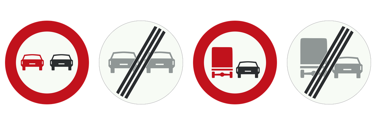 Algemeen inhaalverbod en einde, gevolgd door inhaalverbod voor vrachtauto's en einde