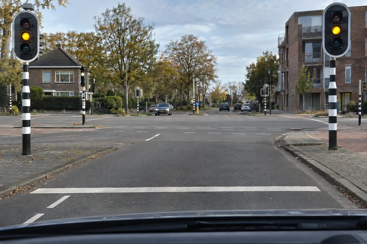 Vanuit de auto zie je vlak voor de stopstreep een verkeerslicht met alleen geel licht.