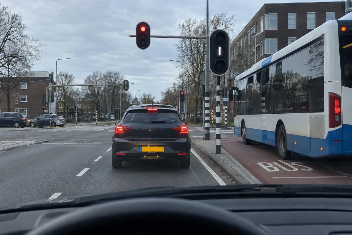 Naast jouw rode verkeerslicht wacht een lijnbus op de BUS-strook bij een buslicht met een witte verticale balk.