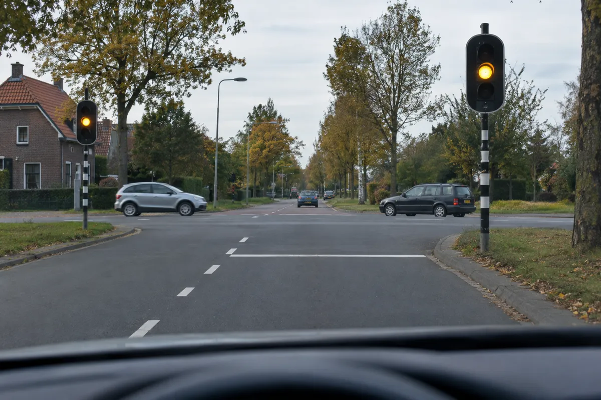 Vanuit de naderende auto zie je een kruispunt met alleen een gele verkeerslamp aan.