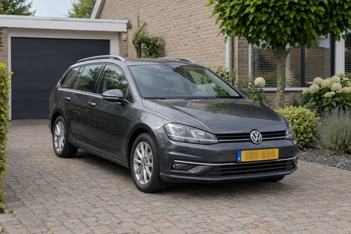 Een geparkeerde auto is schuin van voren te zien met alle verlichting uit, vóór de controle van de lichtfuncties.