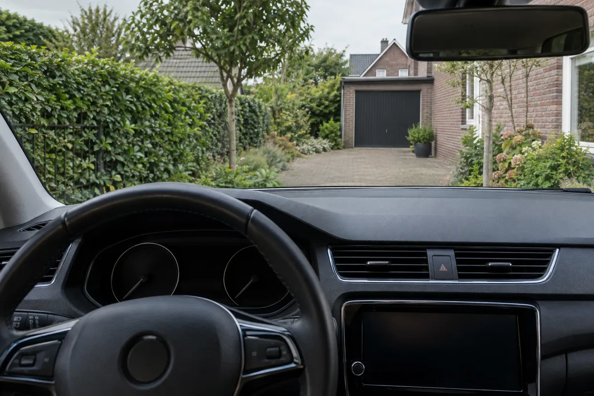 Vanuit de bestuurdersstoel zie je het stuur en het neutrale dashboard van een geparkeerde auto, vóór het bedienen van de knoppen.