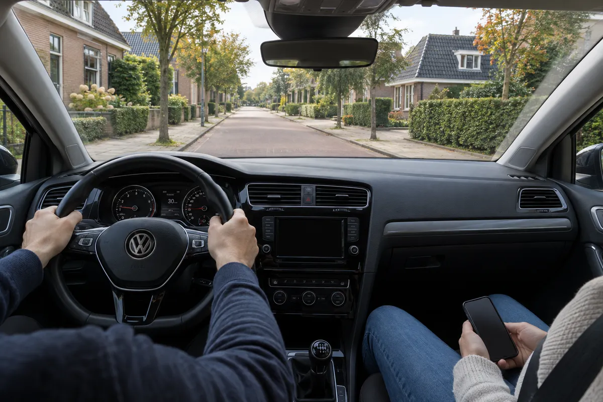 Vanuit de bestuurdersstoel zie je een rustige straat en naast je een passagier met een telefoon in de hand.