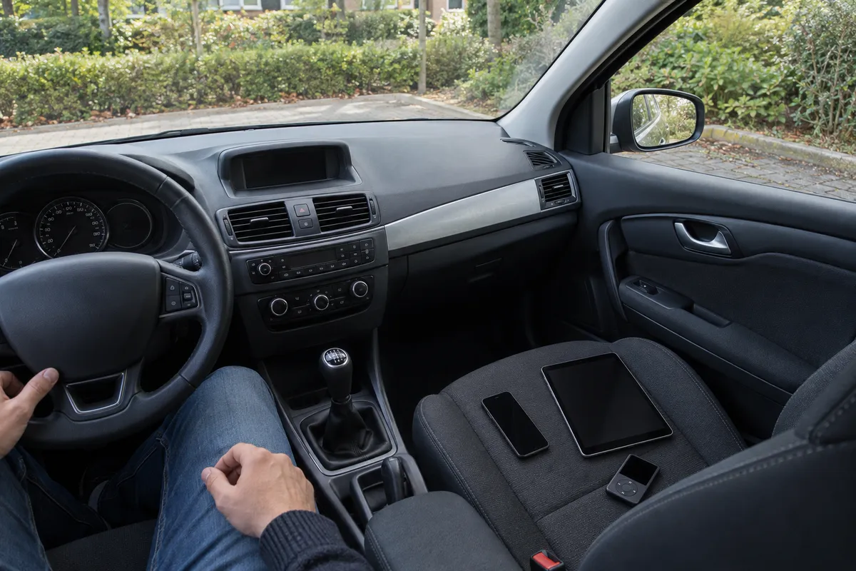 Voor vertrek liggen een telefoon, een tablet en een mediaspeler op de passagiersstoel van een geparkeerde auto.