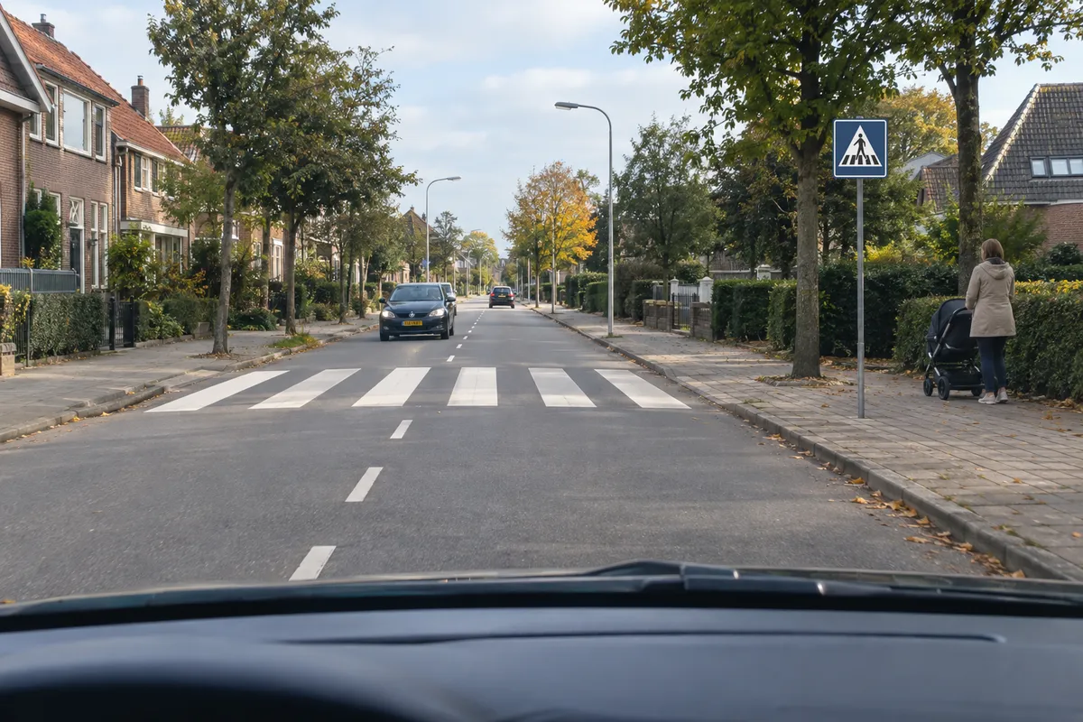 Zicht vanuit de auto op een zebrapad met het bord Voetgangersoversteekplaats; een vrouw met een kinderwagen staat bij de stoeprand en kijkt naar de weg