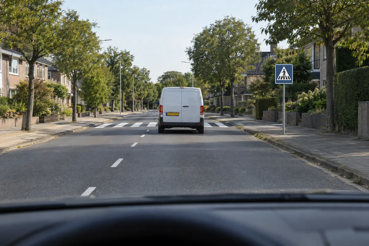 Zicht vanuit de auto: een bestelauto rijdt voor de auto en vooruit ligt een zebrapad met het bord Voetgangersoversteekplaats