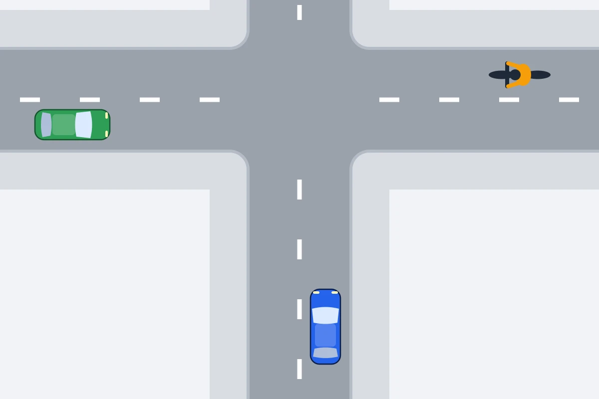 Schema van bovenaf: een kruispunt zonder borden met een blauwe auto, een fietser die van rechts komt en een groene auto die van links komt