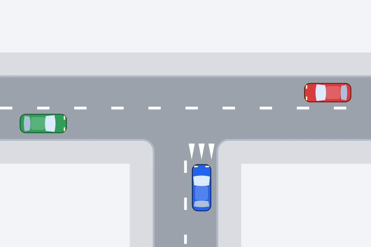 Schema van bovenaf: een T-splitsing met haaientanden in de zijstraat, waar een blauwe auto stilstaat, en een rode en een groene auto op de weg die doorloopt