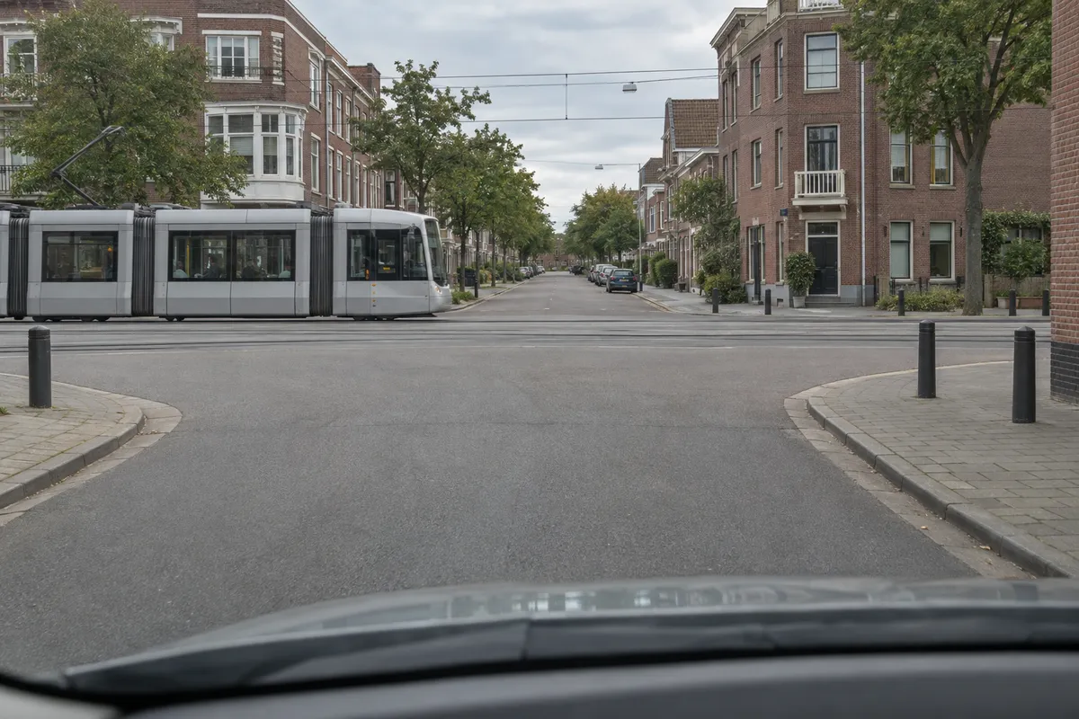 Zicht vanuit de auto op een kruispunt met tramrails, met links in de verte een tram die het kruispunt nadert
