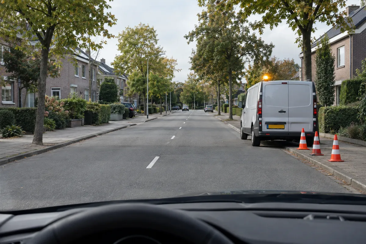Zicht vanuit de auto op een werkbusje dat langs de weg staat met een geel zwaailicht aan en pionnen erachter
