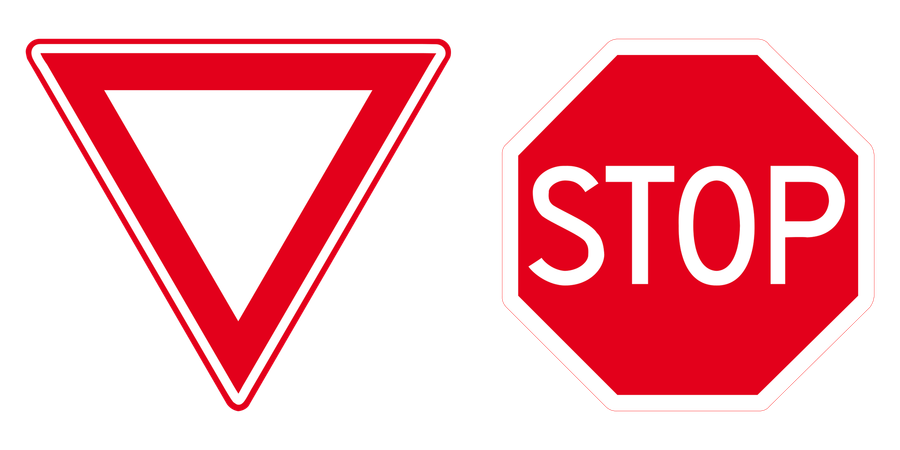 Twee verkeersborden naast elkaar: Verleen voorrang aan bestuurders op de kruisende weg en Stop; verleen voorrang aan bestuurders op de kruisende weg