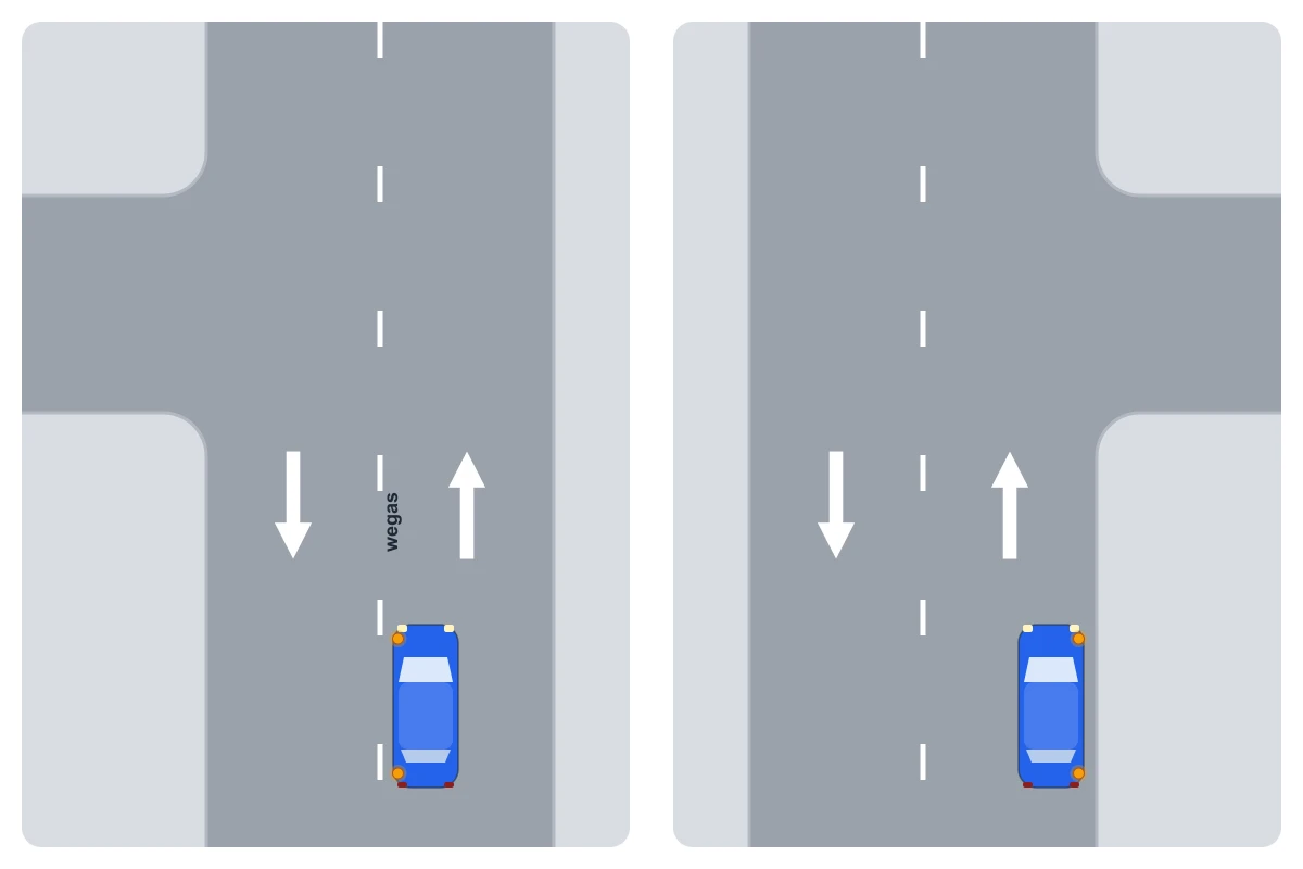 Twee schema’s van bovenaf naast elkaar: links een blauwe auto die naar links wil afslaan en tegen de wegas staat, rechts een blauwe auto die naar rechts wil afslaan en aan de rechterzijde staat