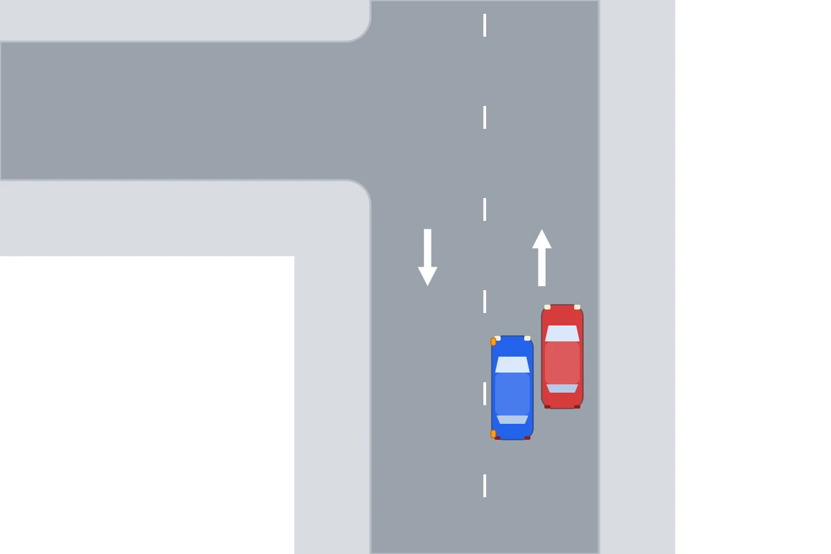 Schema van bovenaf: een blauwe auto die links heeft voorgesorteerd met de richtingaanwijzer links aan, en een rode auto die hem aan de rechterkant inhaalt