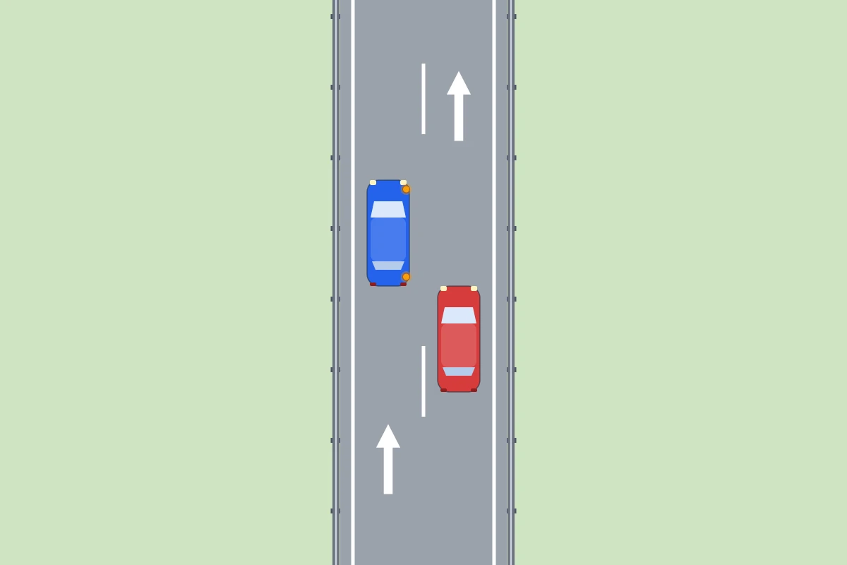 Schema van bovenaf: een blauwe auto op de linkerrijstrook met de richtingaanwijzer rechts aan, en een rode auto op de rechterrijstrook die net achter hem rijdt