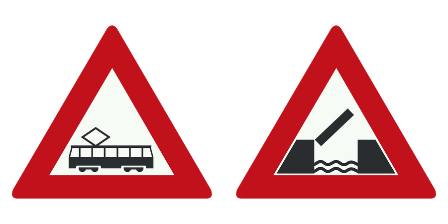 Officiële waarschuwingen voor tramkruising en beweegbare brug