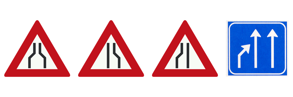 Drie officiële versmallingsborden en het informatiebord Einde rijstrook