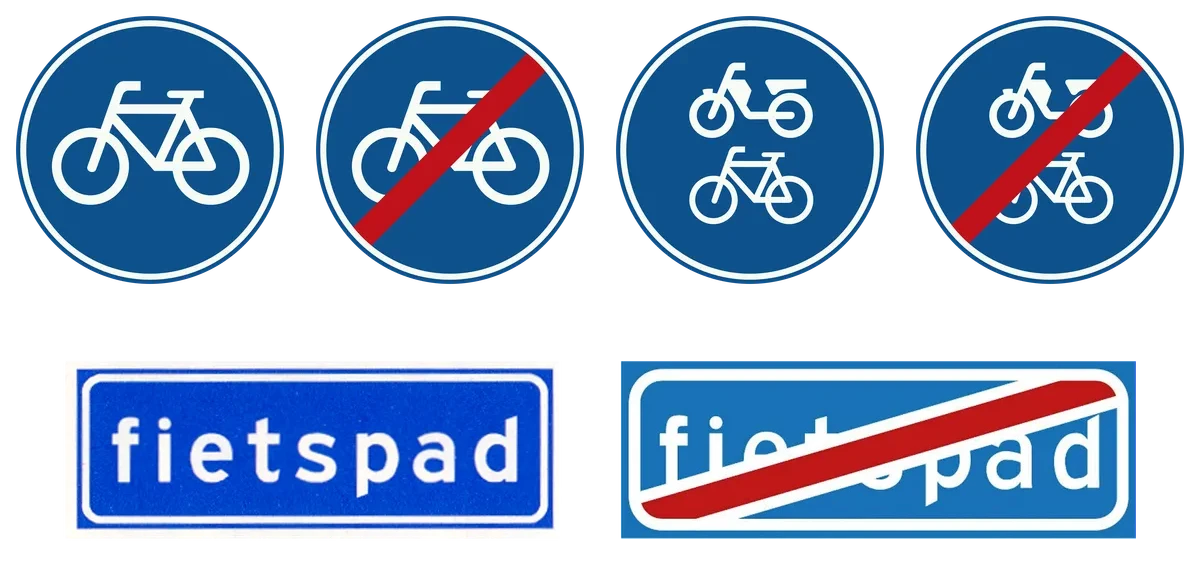 Boven: Verplicht fietspad, Einde verplicht fietspad, Fiets/bromfietspad en Einde fiets/bromfietspad. Onder: Onverplicht fietspad en Einde onverplicht fietspad