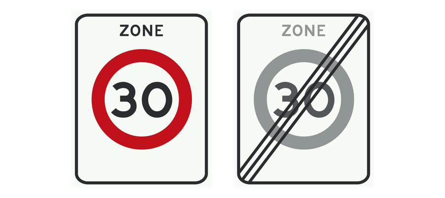 Begin en einde van een 30 km/h-zone naast elkaar
